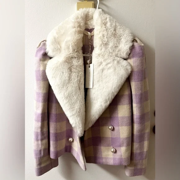 LoveShackFancy Dumont Jacket S Lavender Check Tweed Faux Fur Collar Coat $695 - Picture 7 of 10